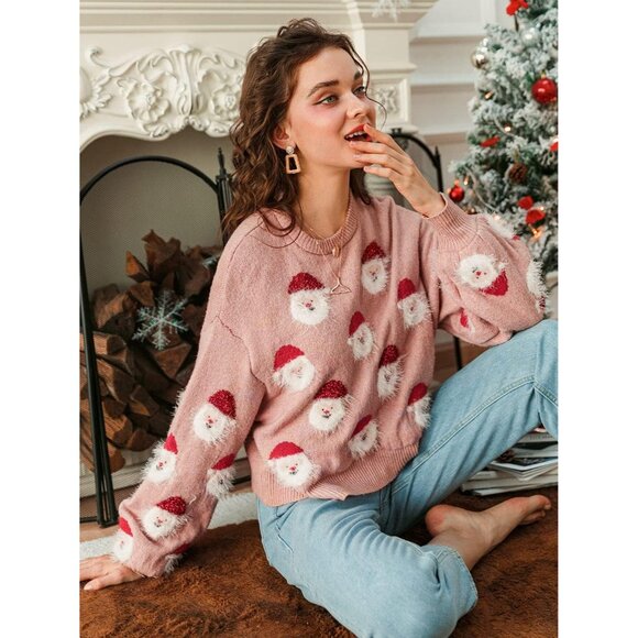 Women's Knitted Christmas Pattern Comfy Crewneck Long Sleeve Pullover Sweater - Picture 6 of 6